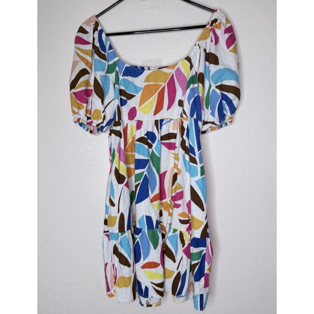Tabitha Brown Tiered Linen Blend Dress Womens M Colorful Leaf‎ Print Smocked
